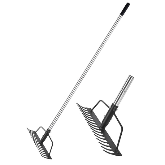 BARAYSTUS 15 Inch Wide Heavy Duty Bow Rake, 16 Steel Tines Metal Head Rake Tool with Stainless Steel Handle, Adjustable Long Handle Garden Rake for Loosening Soil Leveling Mulch Gathering Lawns Leaves