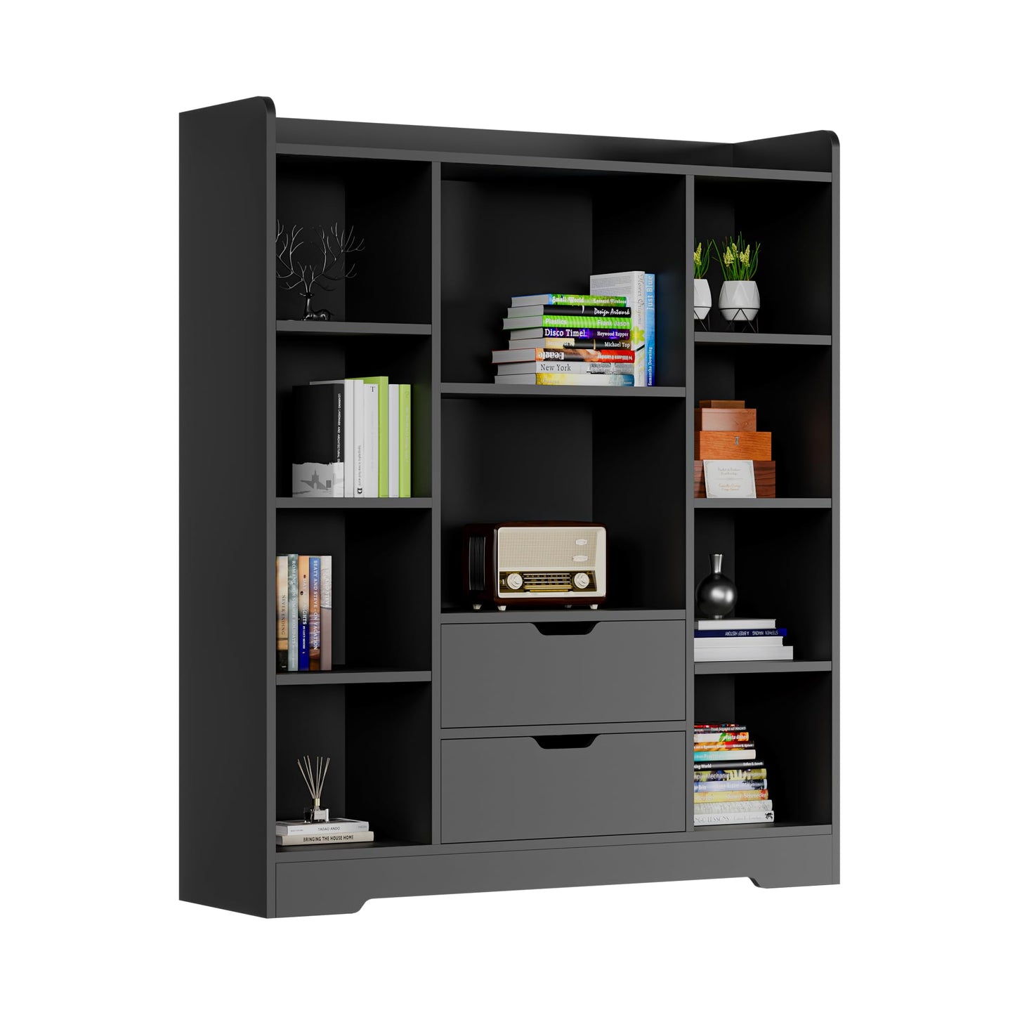 Cozy Castle Black Bookshelf, 4-Tier Open Shelf Bookcase with 2 Drawers and 10 Cubes, Wood Cube Storage Organizer Shelf for Bedroom, Living Room, 39.4" W X 47.2" H