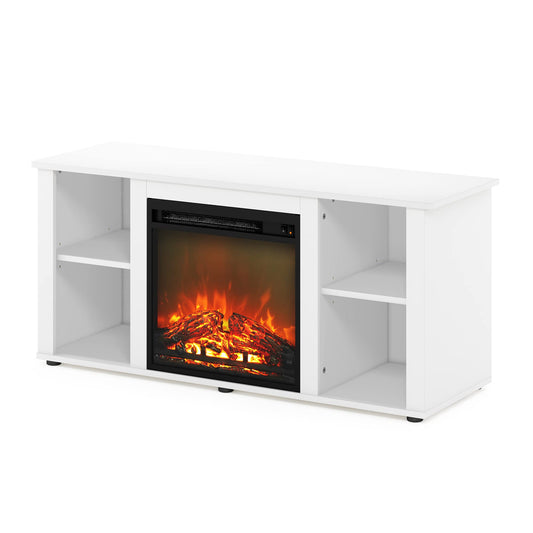 Furinno Jensen Entertainment Center Stand with Fireplace for TV up to 55 Inch, Corded Electric, White