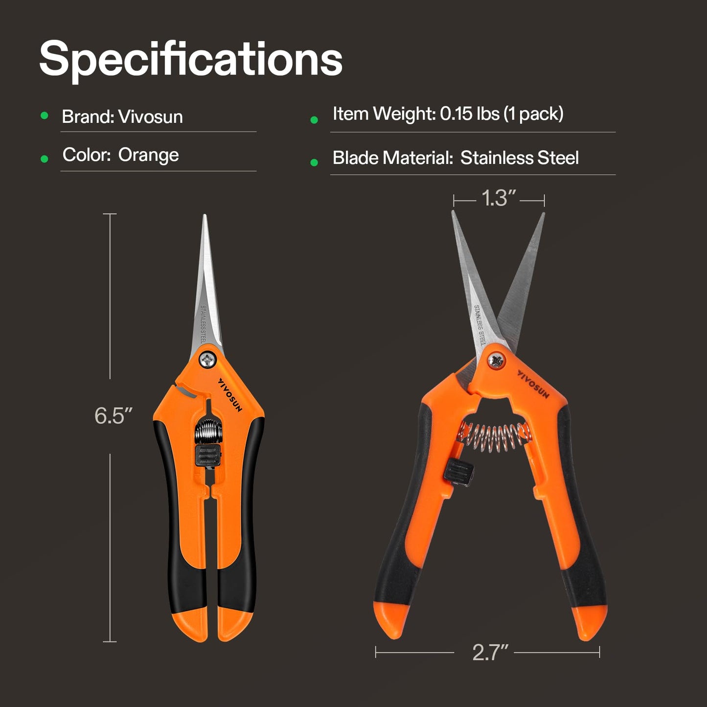 VIVOSUN 6.5 Inch Gardening Scissors Hand Pruner Pruning Shear with Straight Stainless Steel Blades Orange 1-Pack