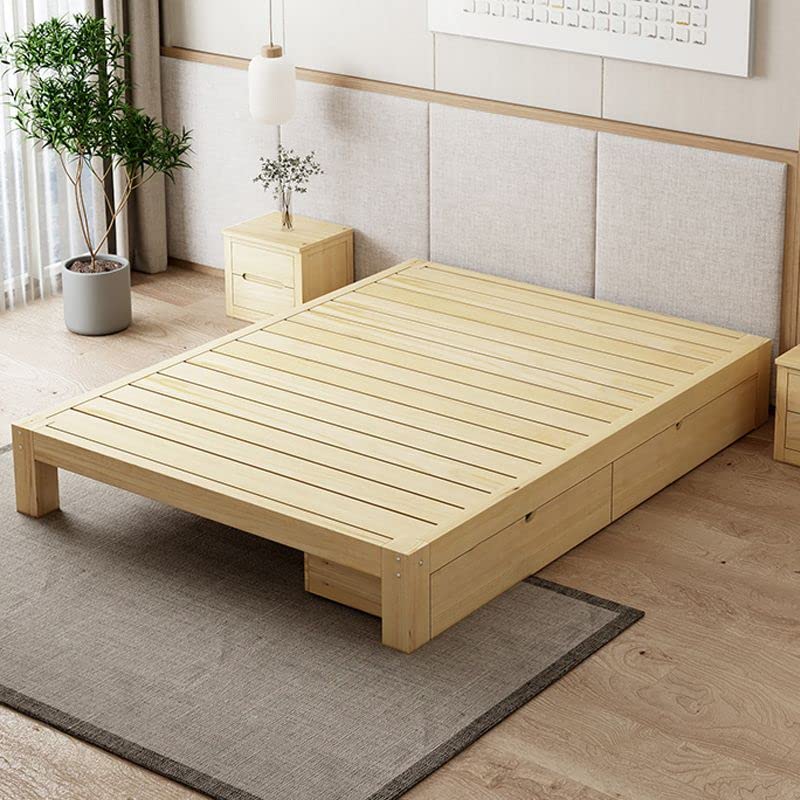 CraftThink Scandinavian Solid Wood Bed Frame, 12" Tall Storage Panel Bed in Natural for Bedroom Boys Girls- Single Bed Size: Full XL, 53" W x 81" L x 12" H