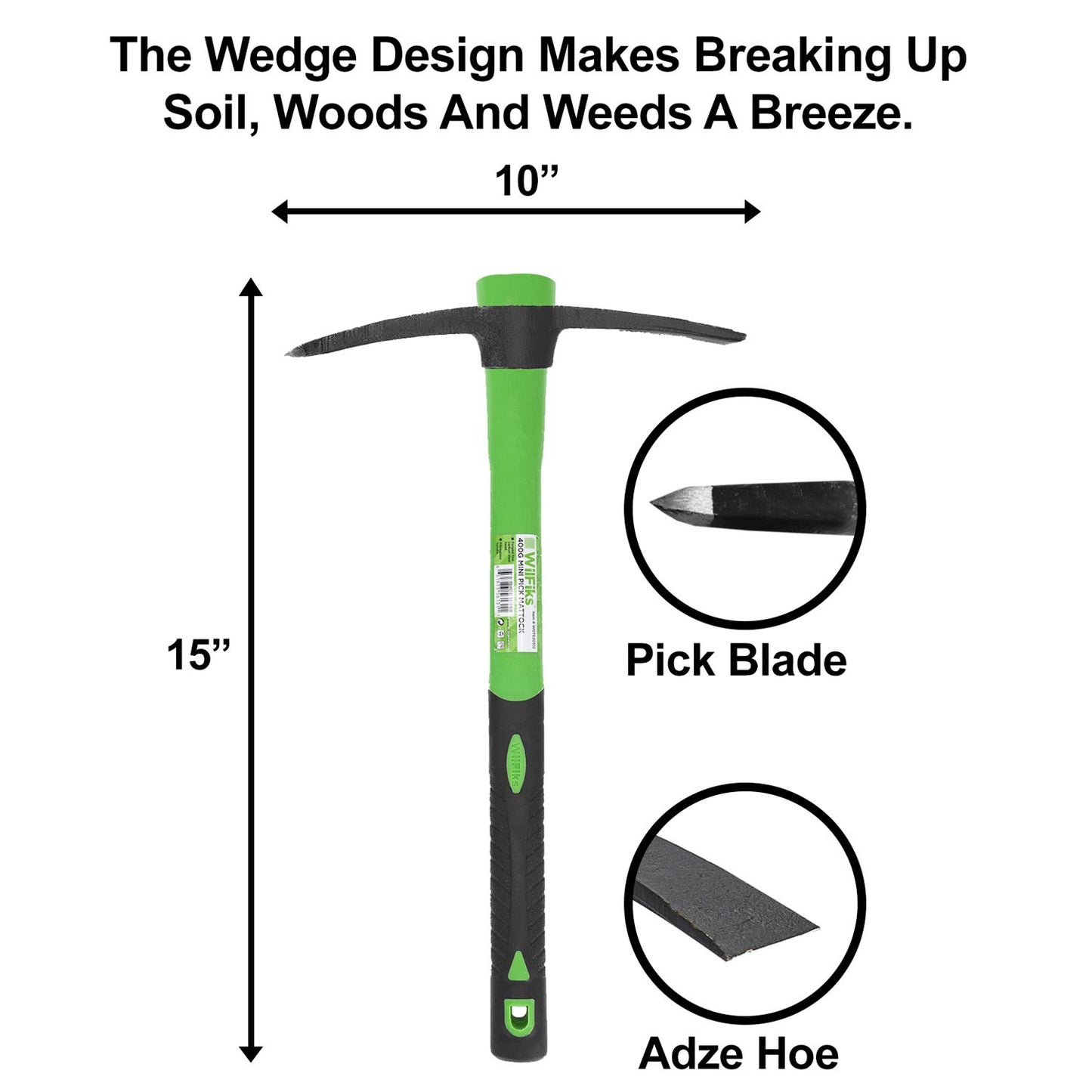 WilFiks Pick Mattock, 15" Heavy Duty Pick Axe Hand Tool with Forged Heat Treated Carbon Steel, Adze Hoe for Weeding, Prying and Digging Anti-Slip Grip, Fiberglass Ergonomic Shock Reduction Handle