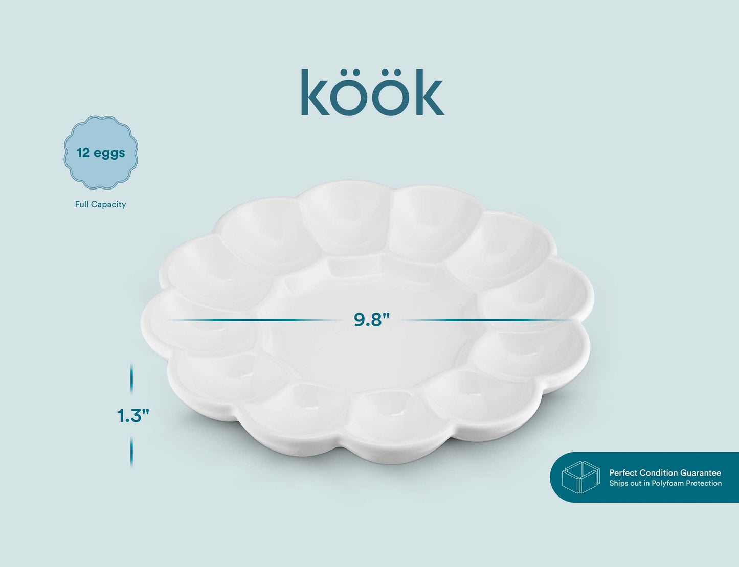 KooK Deviled Egg Platter Tray, Ceramic Easter Egg Holder, Holds 12 Eggs, Ceramic Dish, Display Holder, Dishwasher Safe, Microwave Safe, freezer Safe, Sleek, 10 Inch Diameter, White