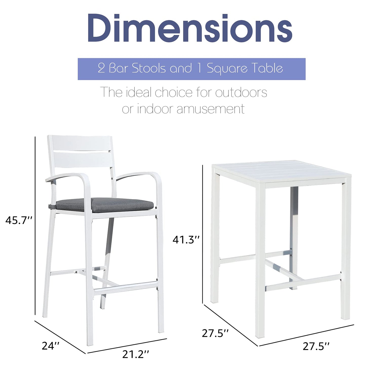 Soleil Jardin Aluminum Outdoor Bar Set, 3-Piece Outdoor Bar Height Table and Chairs Set, Counter Height Bar Stools with Cushions & Slatted High Top Bar Table for Patios, Backyard, Poolside, White