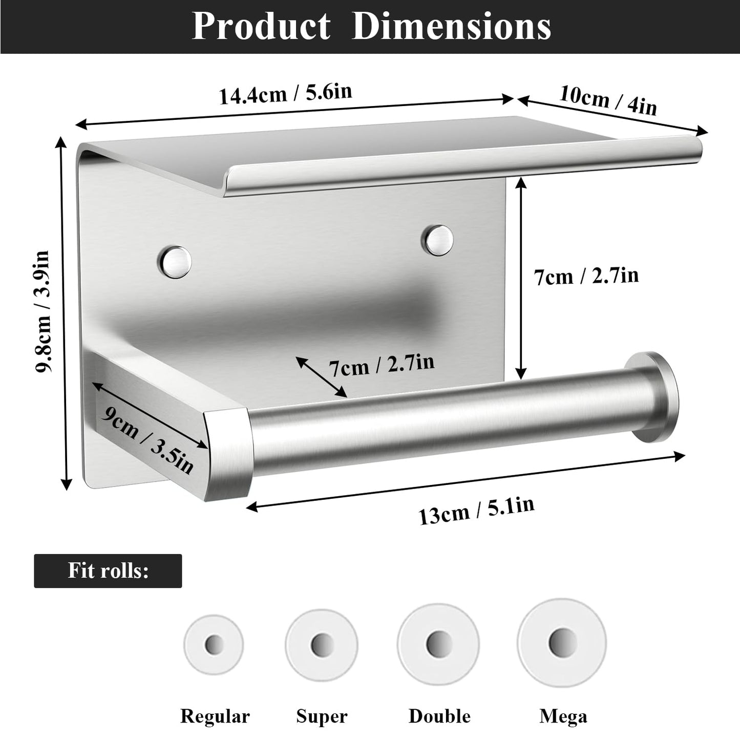 Tindbea Toilet Paper Holder with Phone Shelf, Adhesive or Screw Wall Mount Toilet Tissue Roll Holder, Rustproof & Multifunctional Stainless Steel Bathroom Storage Dispenser (Brushed Nickel)