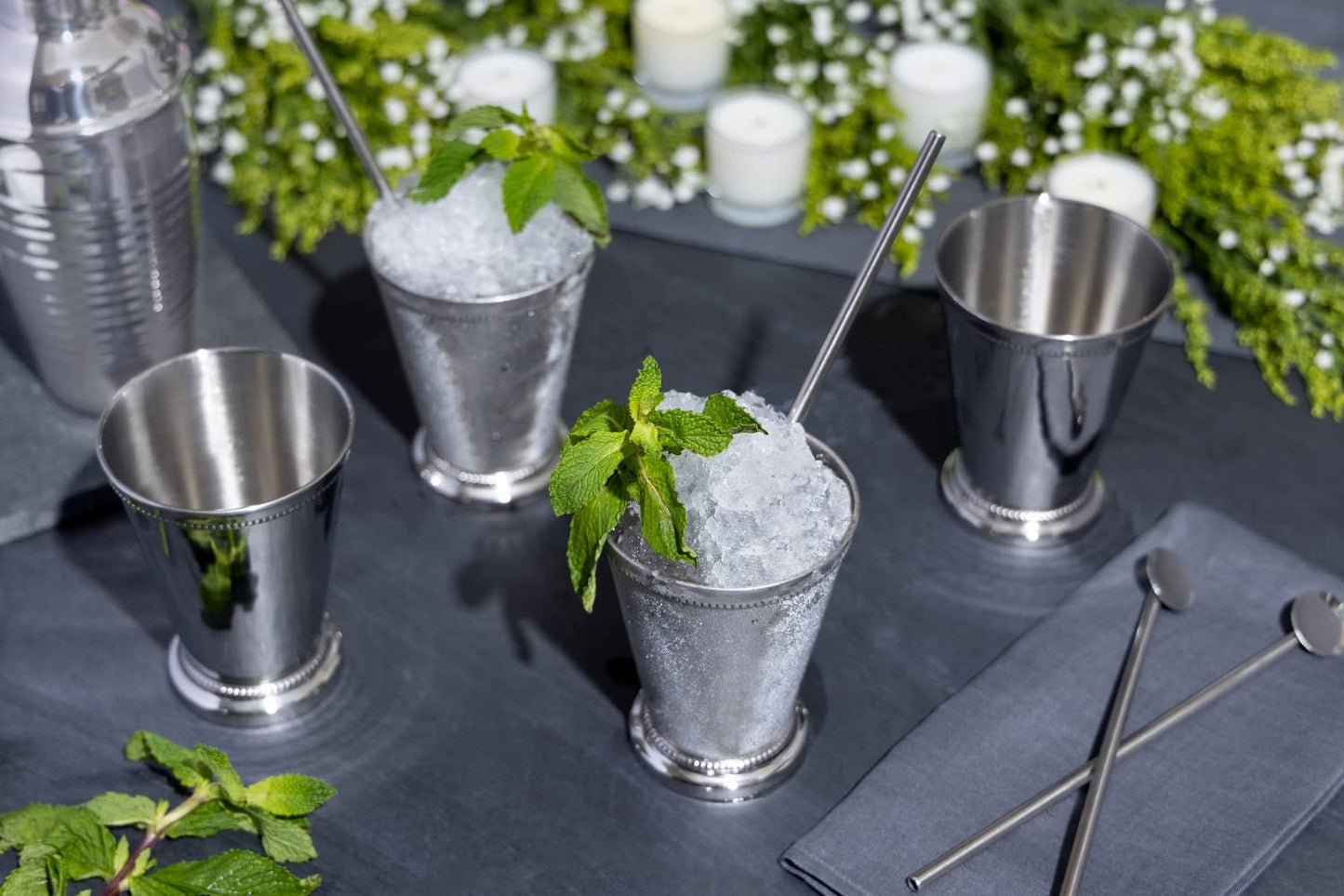 Sol Living Mint Julep Cups Set of 4, 12 oz Stainless Steel Lining Silver Cups Handcrafted Kentucky Derby Cups Barware Set for Cocktails Mixed Drinks Bar Accessories Gift Set Perfect for Cold Drinks