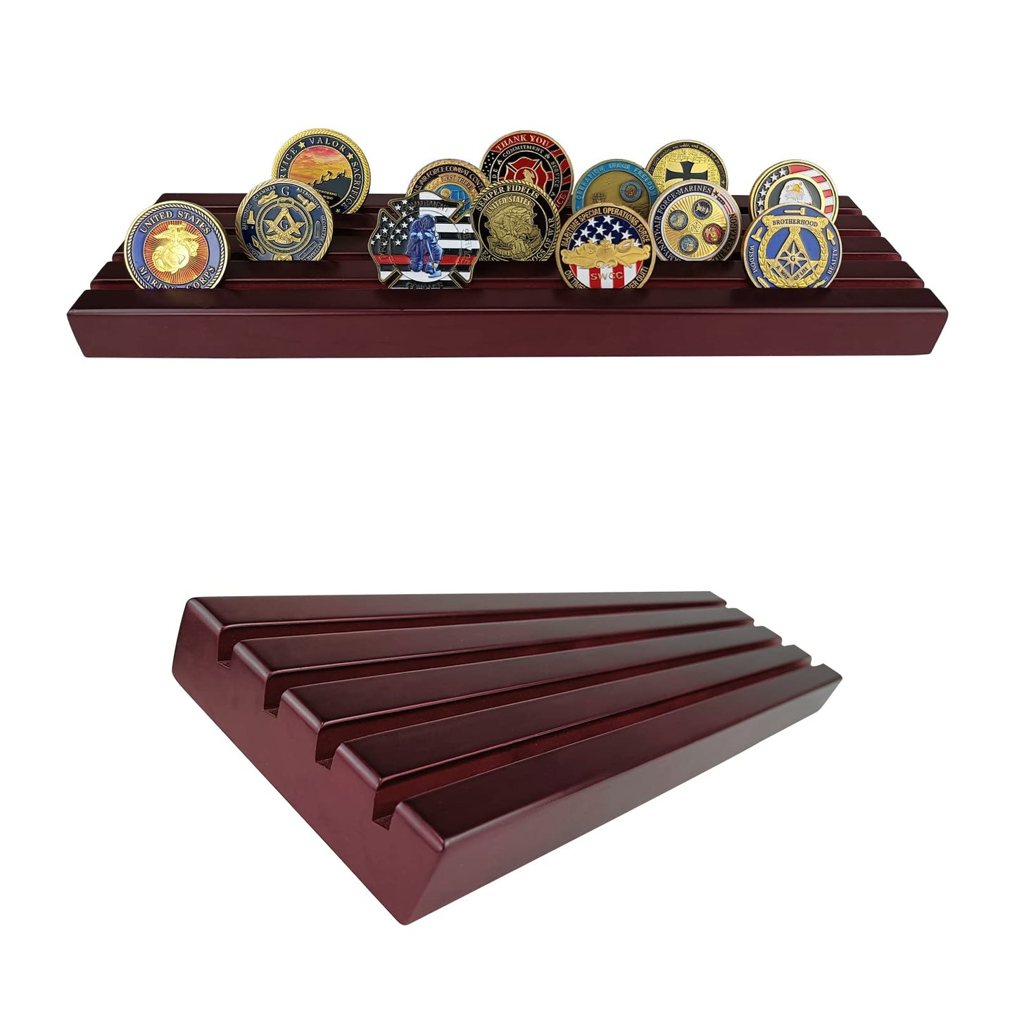 ASmileIndeep Military Challenge Coins Display Holder Solid Wood,Challenge Coin Stand Holds 30 Coins , 4 Row Military Coin Holder Rack for Desk,Challenge Coin Display Case for Collectors, Red