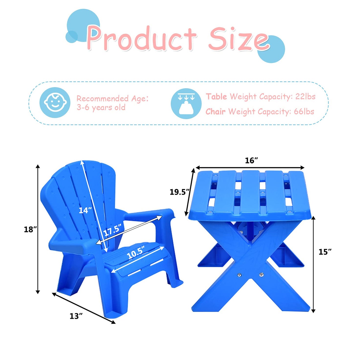 Costzon Kids Table and Chair Set, Outdoor Toddler Activity Table and Adirondack Chairs for Picnic, Garden, Patio, Backyard & Beach, Kids Outdoor Table and Chair Set (Blue)