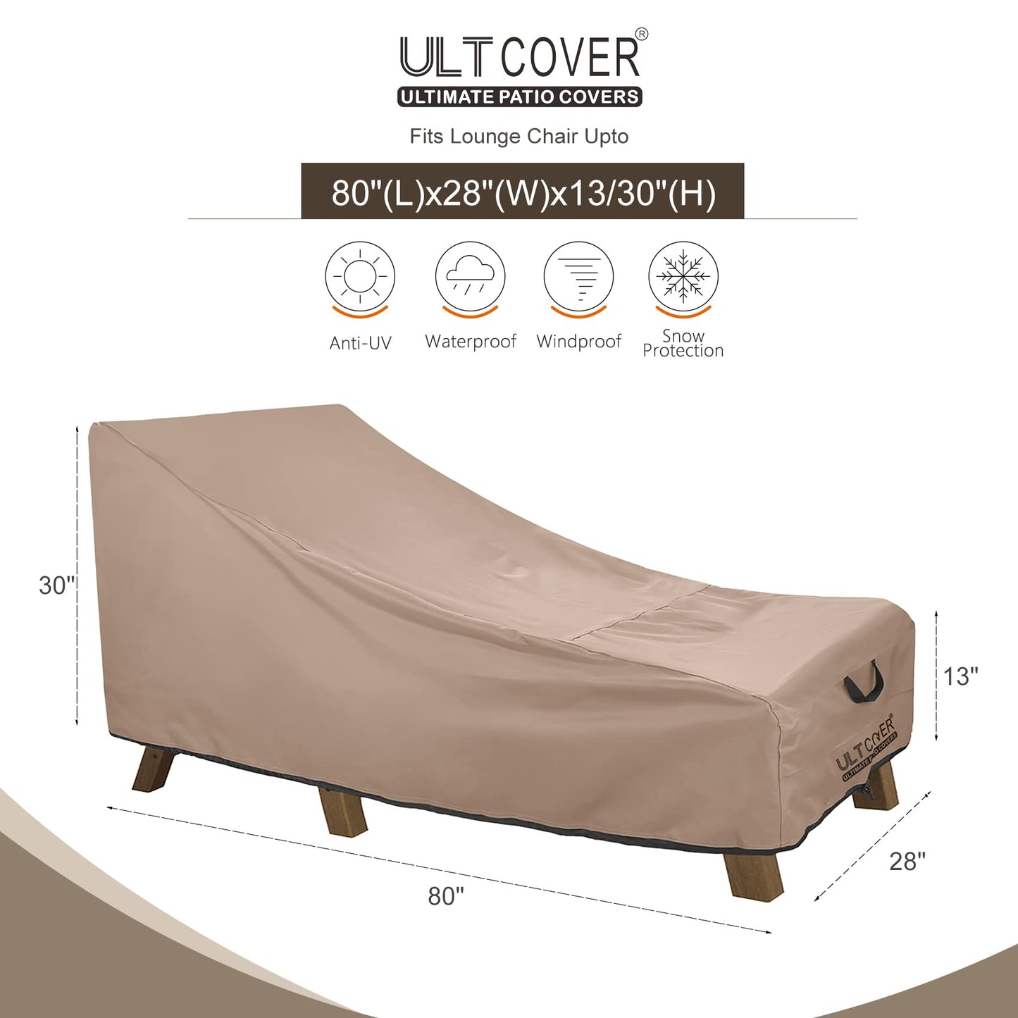 ULTCOVER Waterproof Patio Lounge Chair Cover Heavy Duty Outdoor Chaise Lounge Covers 2 Pack - 80L x 28W x 30H inch