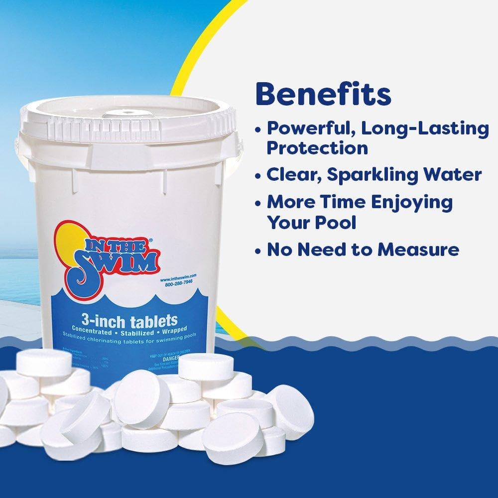 In The Swim 3 Inch Stabilized Chlorine Tablets for Sanitizing Swimming Pools - Individually Wrapped, Slow Dissolving - 90% Available Chlorine - Tri-Chlor - 25 Pounds