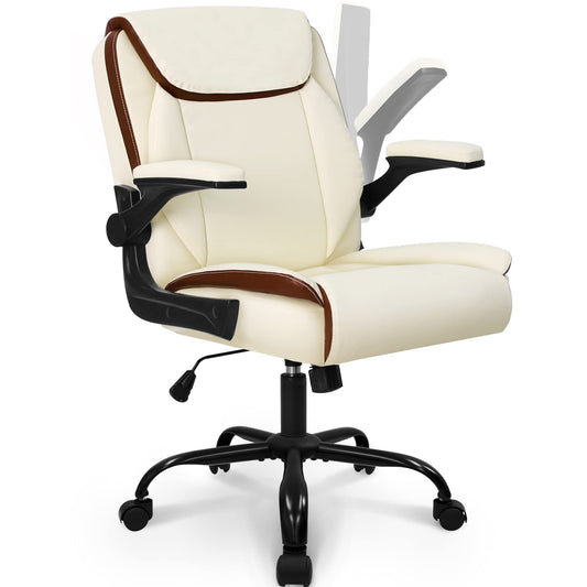 NEO CHAIR Office Chair Adjustable Desk Chair Mid Back Executive Comfortable PU Leather Ergonomic Gaming Back Support Home Computer with Flip-up Armrest Swivel Wheels (Ivory)