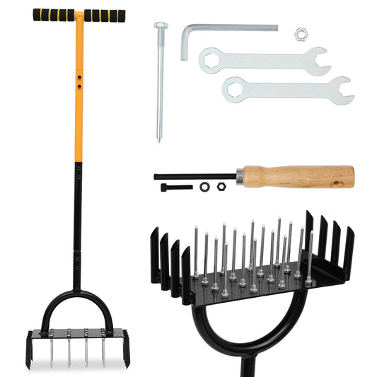 2-in-1 Lawn Coring Aerator, Multifunctional Core Lawn Aerator Tool Carbon Steel, Manual Yard Lawn Aerator Tool with 24 Spikes, Grass Aerating Lawn for Compacted Soil, Garden Tool Core Aerator