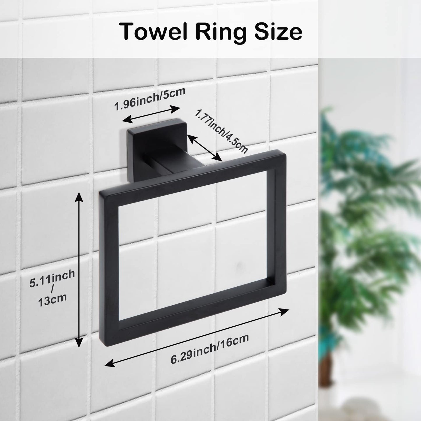 2-Piece Matte Black Square Towel Ring,Modern Hand Towel Holder for Bathroom,SUS304 Stainless Steel Towel Hangers Wall-Mounted