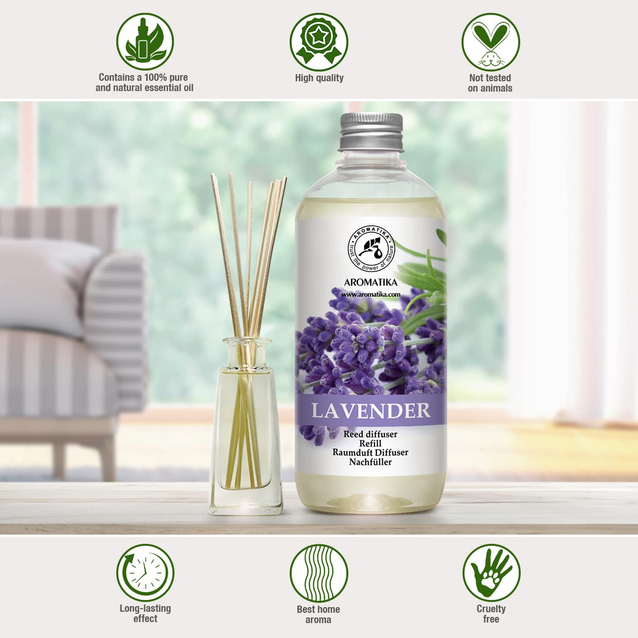 Lavender Fragrance Reed Diffuser Refill 17 Fl Oz - 500ml - Lavanda Refill - Wardrobe Freshener - Home Fragrance Oil - Air Freshener - Aromatherapy - Essential Lavender Oil Diffuser - Diffuser Refill