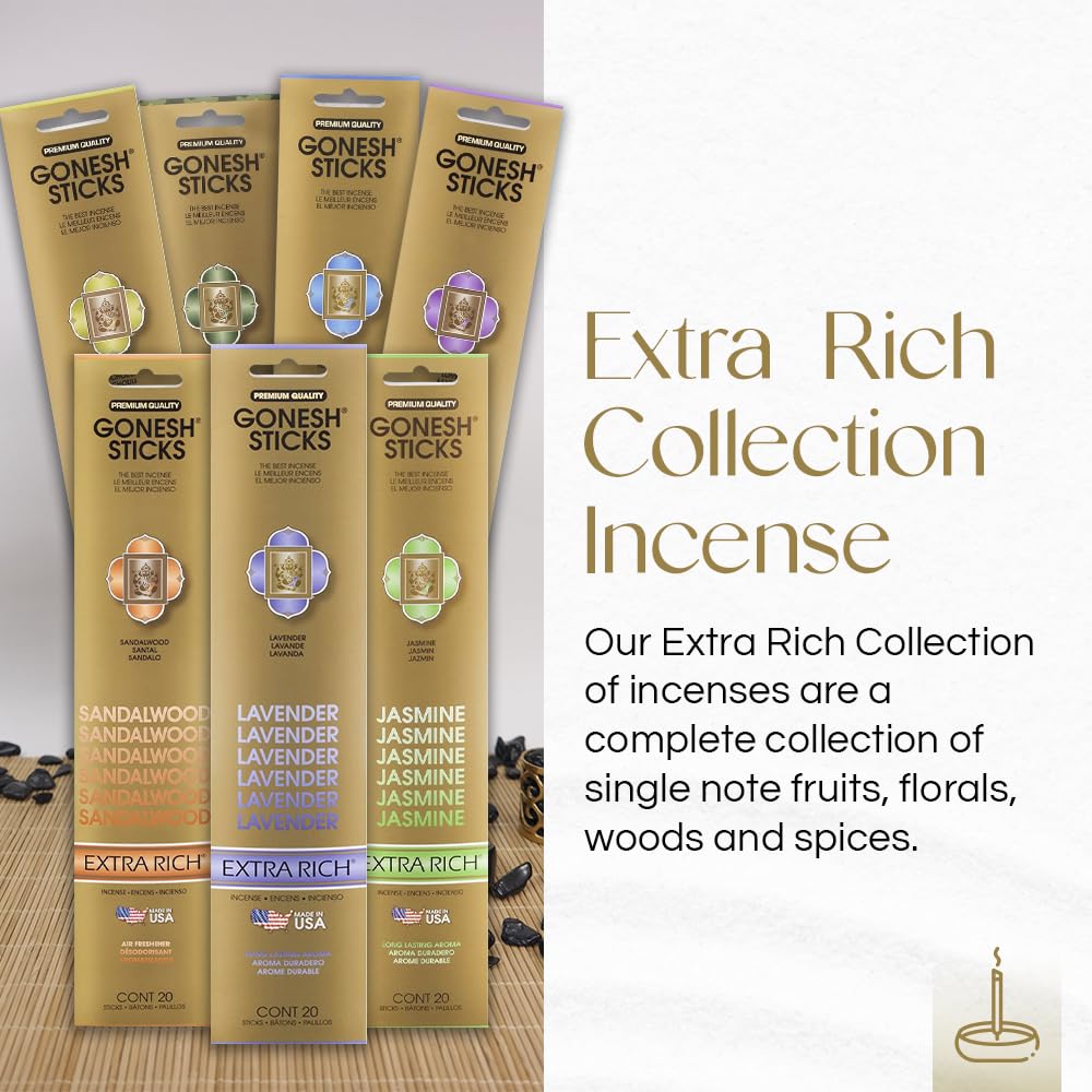 Gonesh - Incense Sticks Variety Pack - Non-toxic 10” Slow Burn Aromatic Sticks - Classic Collection & Extra Rich Collection - 12 Packs of 20 Sticks