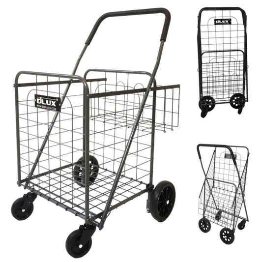 DLUX® Foldable Cart, No Assembly Needed, Heavy Duty 330 lbs Capacity, with Folding Wheels, Double-Basket Grocery Shopping Cart (D567)