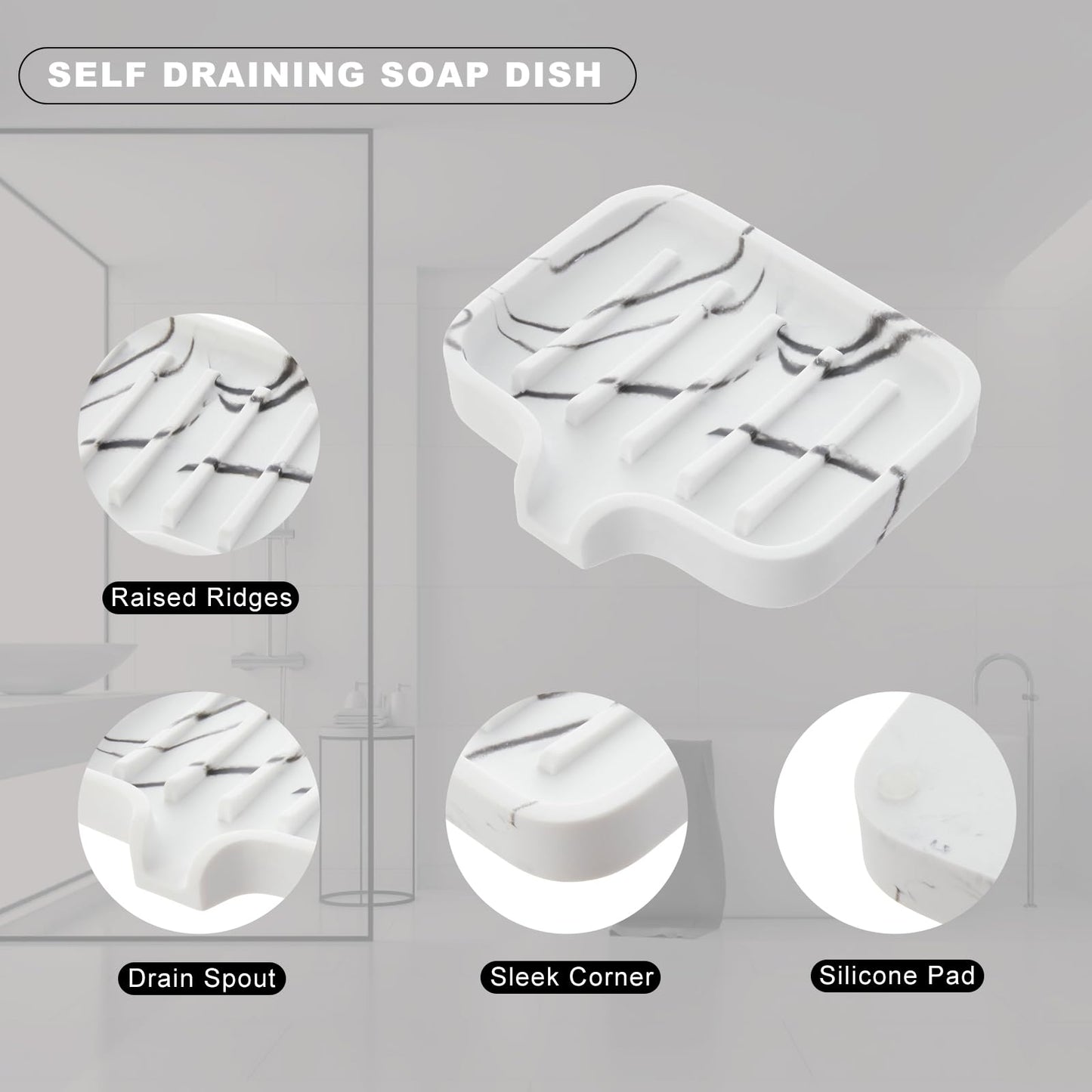 INIUNIK Self Draining Soap Dish, Soap Holder with Marble Look, Resin Bar Soap Holder Shower Soap Saver Soap Dish for Shower, Bathroom, Kitchen, White