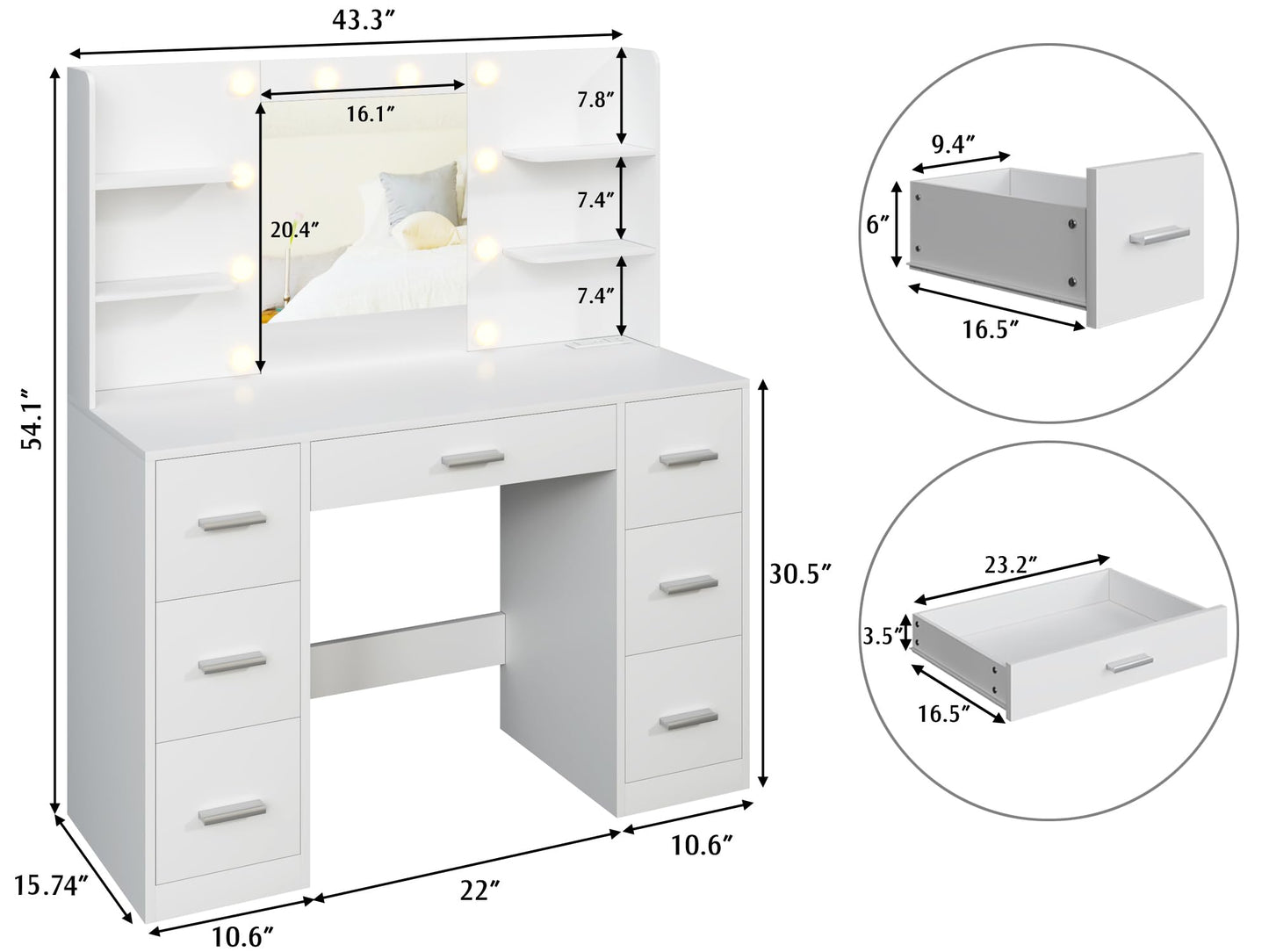 YESHOMY Vanity Desk with Mirror, Power Outlet and 10 Lights, Makeup Table with 7 Drawers, 3 Color Modes Available for Bedroom, White