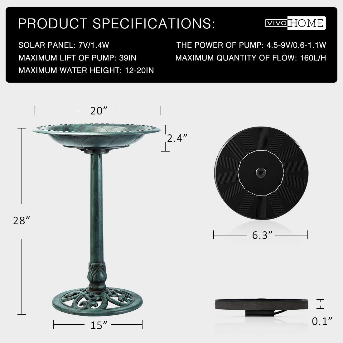 VIVOHOME Polyresin Antique Outdoor Green Garden Bird Bath and Solar Powered Round Pond Fountain Combo Set