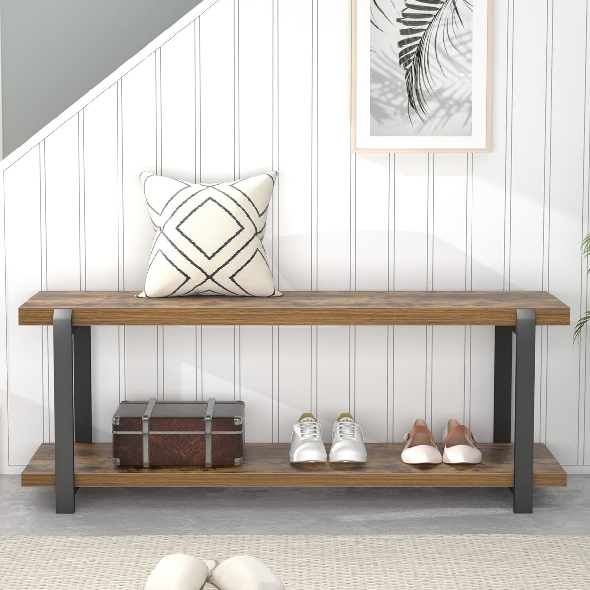 EXCEFUR Entryway Bench, Industrial Shoe Storage Bench for Living Room Bedroom, Rustic Brown