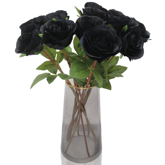 Hananona Black Artificial Roses for Flower Arrangement, 12 Pcs Silk Black Roses Bouquet for Halloween Home Decoration, Faux Black Roses for Halloween and Gothic Decoration (12, Black)