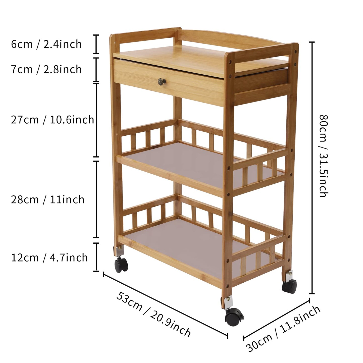 3-Tier Serving Cart with Drawer, Bamboo Kitchen Storage Rack, Bar Cart Dining Car Rolling Utility Cart for Restaurant, Home, Beauty Salon