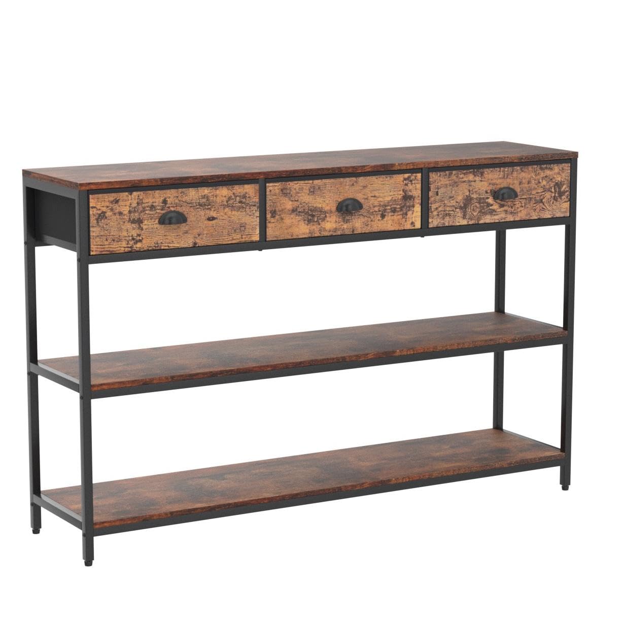 Furologee Long 47" Console Sofa Table with 3 Drawers, Entryway Table with 3-Tier Storage Shelves, Industrial Display Shelf for Entry Way, Hallway, Couch, Living Room, Kitchen, Foyer, Rustic Brown