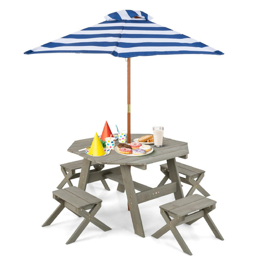 Costzon Kids Picnic Table, Fir Wood Octagon Kids Table and Chair Set with Removable Umbrella, Toddler Activity Table for Backyard, Garden, Patio, Kids Outdoor Furniture for Boys Girls (Grey)