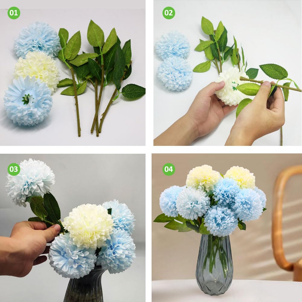 24 Artificial Chrysanthemums, White Blue Ball Flowers, Artificial Fake Flowers, Silk Plants Home Decoration DIY Flower Arrangement Art as Valentine's Day Gifts Wedding Flowers