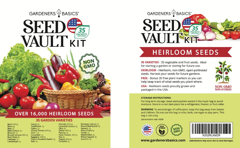 Survival Vegetable Seeds Garden Kit Over 16,000 Seeds Non-GMO and Heirloom, Great for Emergency Bugout Survival Gear 35 Varieties Seeds for Planting Vegetables 35 Free Plant Markers Gardeners Basics