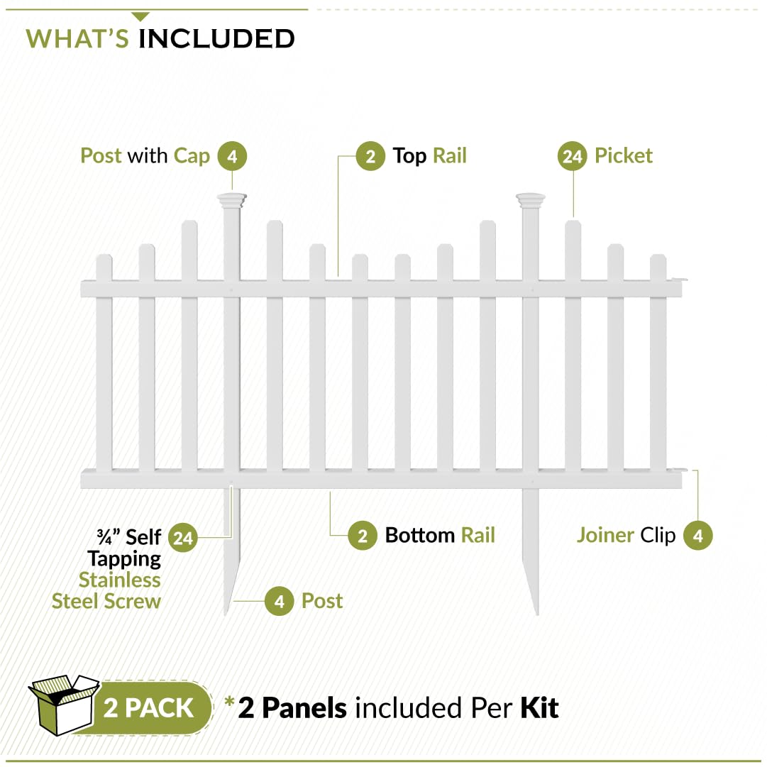 2.5ft H x 4.7ft W (2 Panels) No Dig Zippity Madison Fence Panel Kit, No Dig Fence Panels, White Vinyl Fences for Yard, Temporary Fence for Backyard, White Picket Fence Garden Border, DIY Fence ZP19001