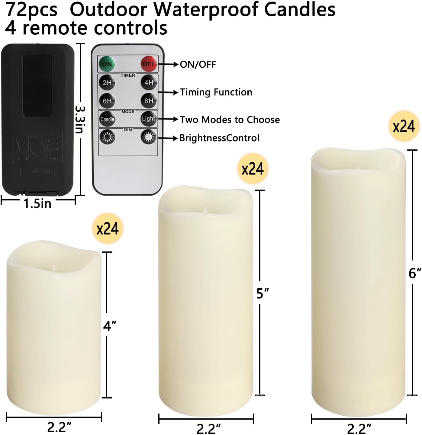 YOROXRG Set of 72 Waterproof Outdoor Flameless Candles, LED Candles with 4 Remote and Timer,(H 4" 5" 6" x D 2.2"),for Halloween Wedding Festiv