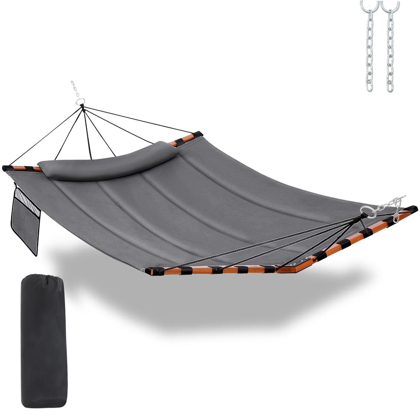 TegerDeger 12FT 2 Person Hammock Large Hammock 450LB Capacity with V Shaped Hardwood Spreader Bar & Nylon Rope for Outside, Patio, Garden, Backyard, Beach, Poolside - Gray