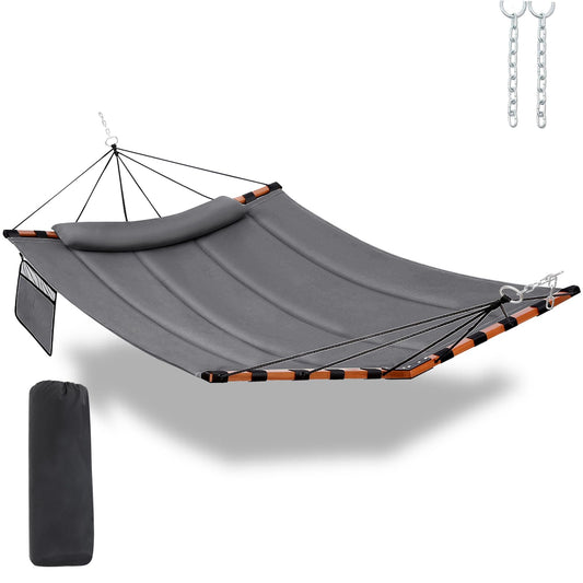 TegerDeger 12FT 2 Person Hammock Large Hammock 450LB Capacity with V Shaped Hardwood Spreader Bar & Nylon Rope for Outside, Patio, Garden, Backyard, Beach, Poolside - Gray