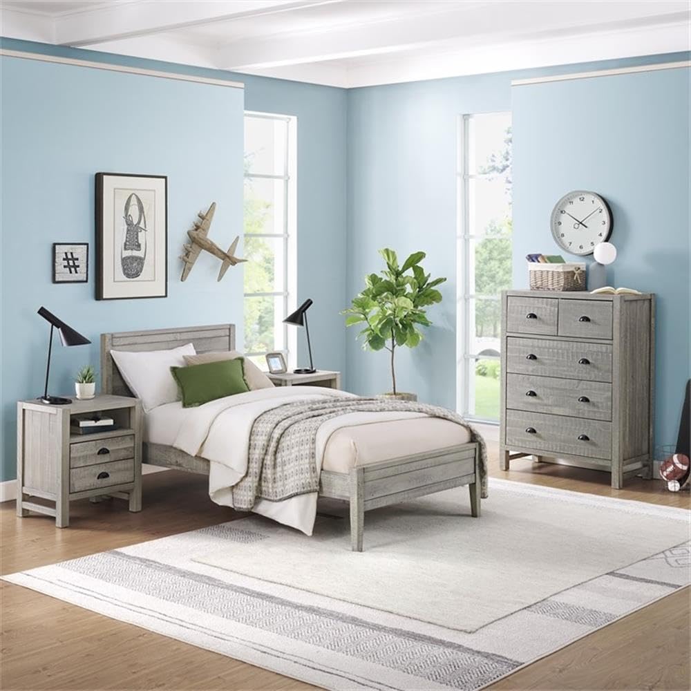 Alaterre Furniture Windsor 4-Piece Kids Bedroom Set - Twin Panel Bed, Dual Nightstands, 5-Drawer Chest in Gray - Rustic Farmhouse Style with Metal Drawer Glides and Black Pulls