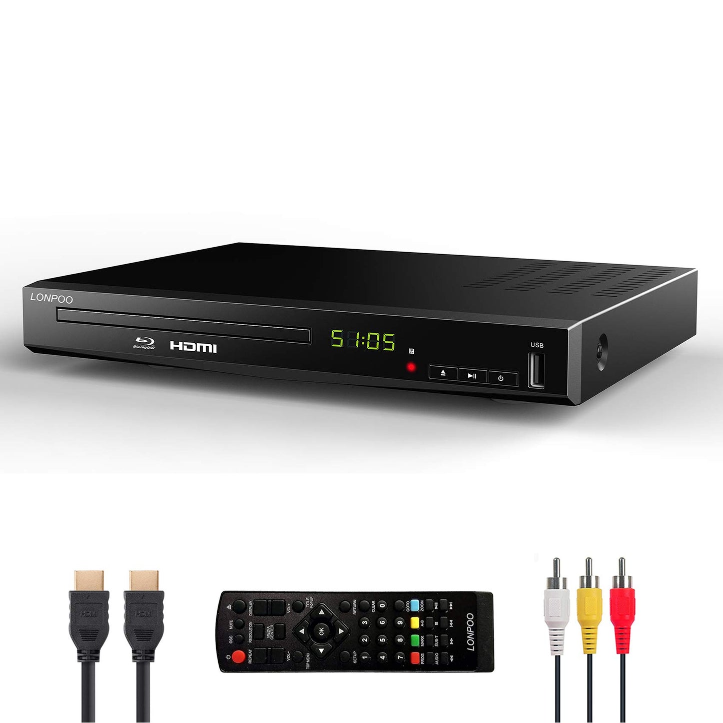 HD Blu-Ray Disc Player for TV with HDMI and AV Cables, 1080P, Built-in PAL NTSC, Coaxial Output, USB Input