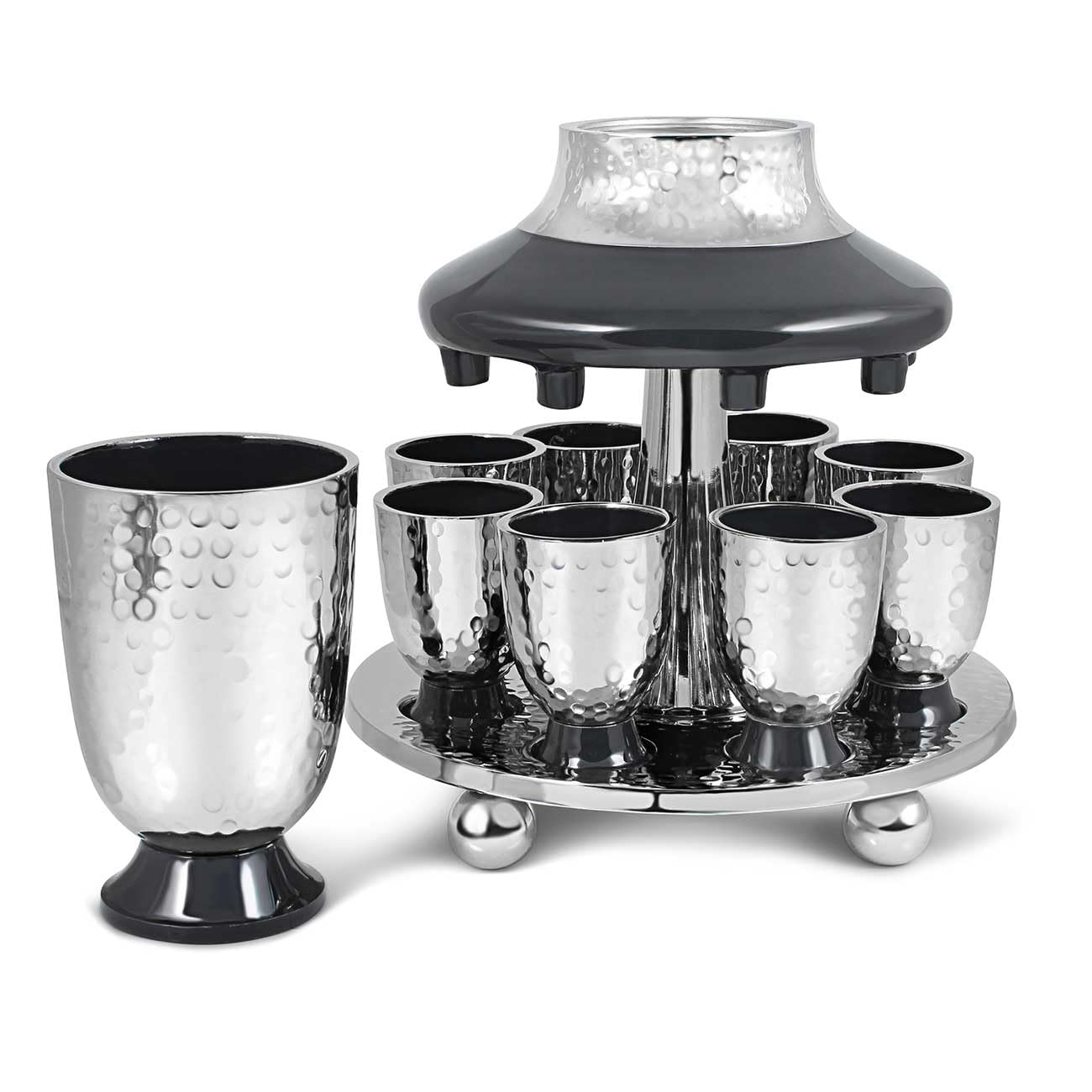 Elegant Display Kiddush Cup Wine Fountain Set - Hammered Metal with Enamel Detailing - Large Goblet, 8 Matching Shot Cups for Shabbat, Passover, Yom Tov, Wedding Gifts by Zion Judaica (Grey)