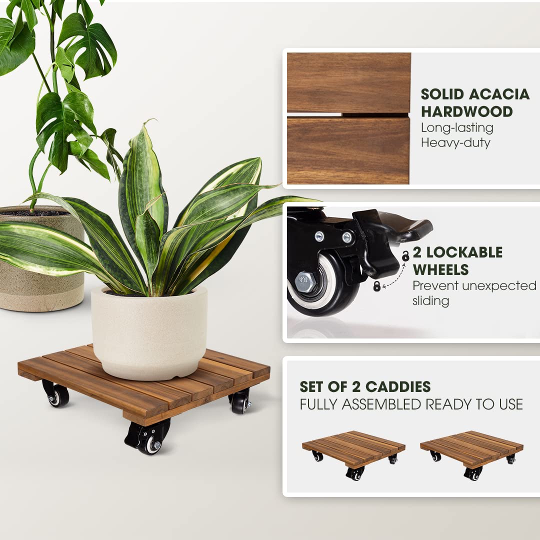 Idzo 2pack 14inches Wood Plant Caddy With Wheels Heavy Duty, 264 Lbs Capacity, Acacia Hardwood Plant Dolly, Plant Stand with 360° Lockable Wheels for Plant Pots, Heavy Objects Hauling - Natural Wood