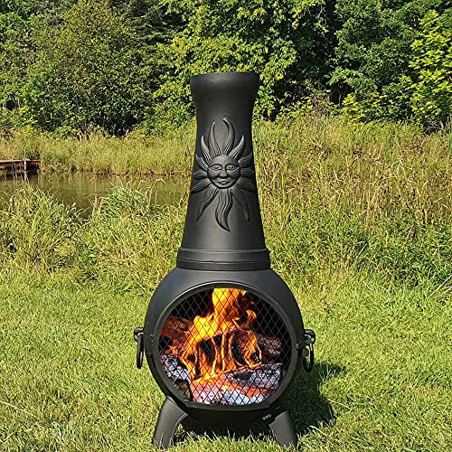 Sun Fire Outdoor Chiminea Fireplace by The Blue Rooster - Cast Aluminum Deck or Patio Firepit