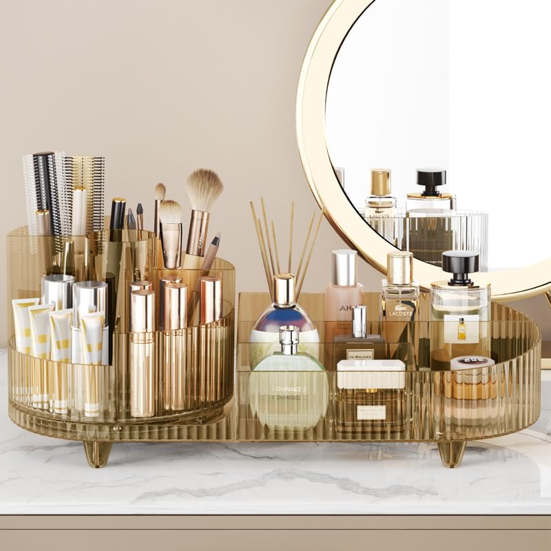 Rotating makeup organizer,Large Capacity Cosmetic Display Case, easy to hold all of your makeup products, at least 20 makeup brushes/eyeliner,10 lipsticks,8 skincare products(Crystal Amber)