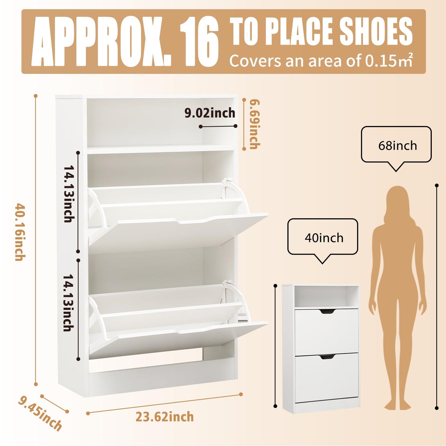 KUMIUNION Shoe Storage Cabinet with 2 Flip Drawers, Slim Freestanding Storage Racks for Entryway, Hallway, Hidden Narrow Shoe Organizers Perfect for Heels, Boots, Slippers, White