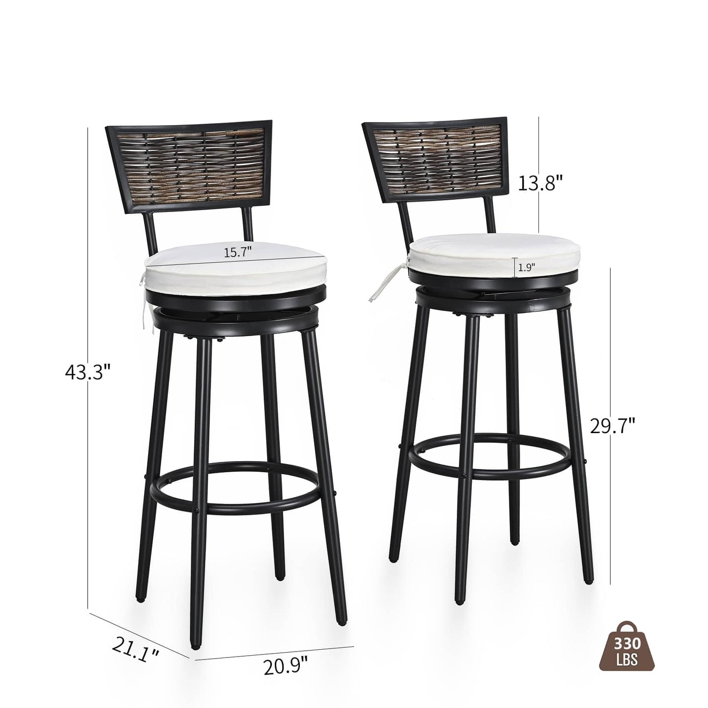 TOP HOME SPACE Patio Bar Stools Outdoor Swivel Bar Height Stool Chairs Set of 2 with Rattan Back Round Seat for Deck Porch Backyard, 29.7" Seat Height