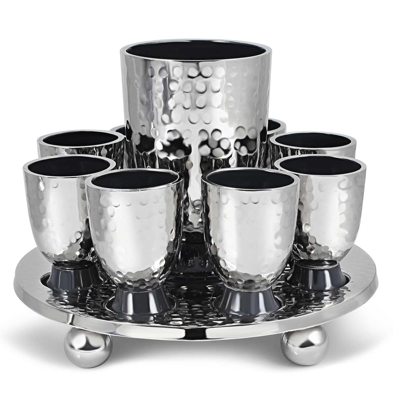 Elegant Display Kiddush Cup Wine Fountain Set - Hammered Metal with Enamel Detailing - Large Goblet, 8 Matching Shot Cups for Shabbat, Passover, Yom Tov, Wedding Gifts by Zion Judaica (Grey)