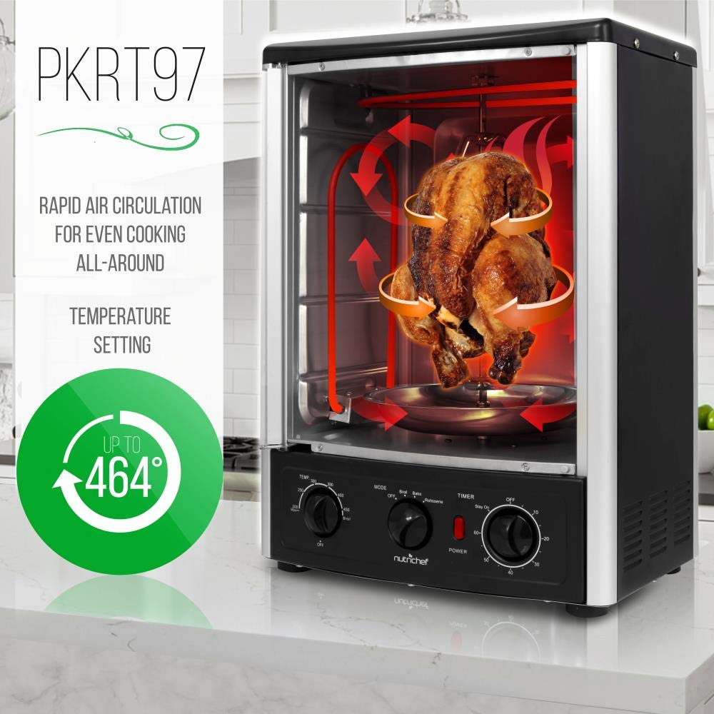 Nutrichef Upgraded Multi-Function Rotisserie Oven - Vertical Countertop Oven with Bake, Turkey Thanksgiving, Broil Roasting Kebab Rack with Adjustable Settings, 2 Shelves 1500 Watt - AZPKRT97