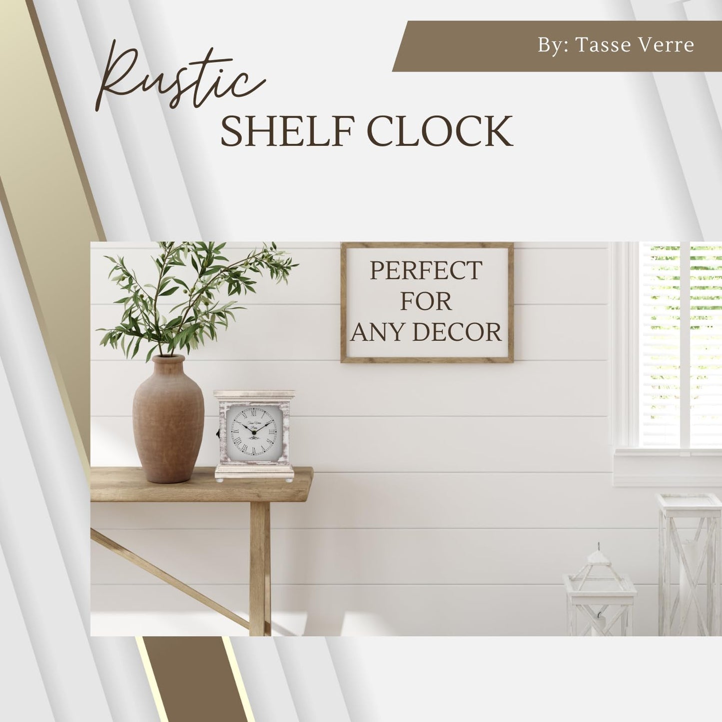 Tasse Verre Rustic Shelf Clock (Quiet) for Living Room Mantel, Table, Or Desk 9" X 7" Farmhouse Decor Distressed White Washed Wood Silent - Office Fireplace. AA Battery Operated Non-Digital, Tan