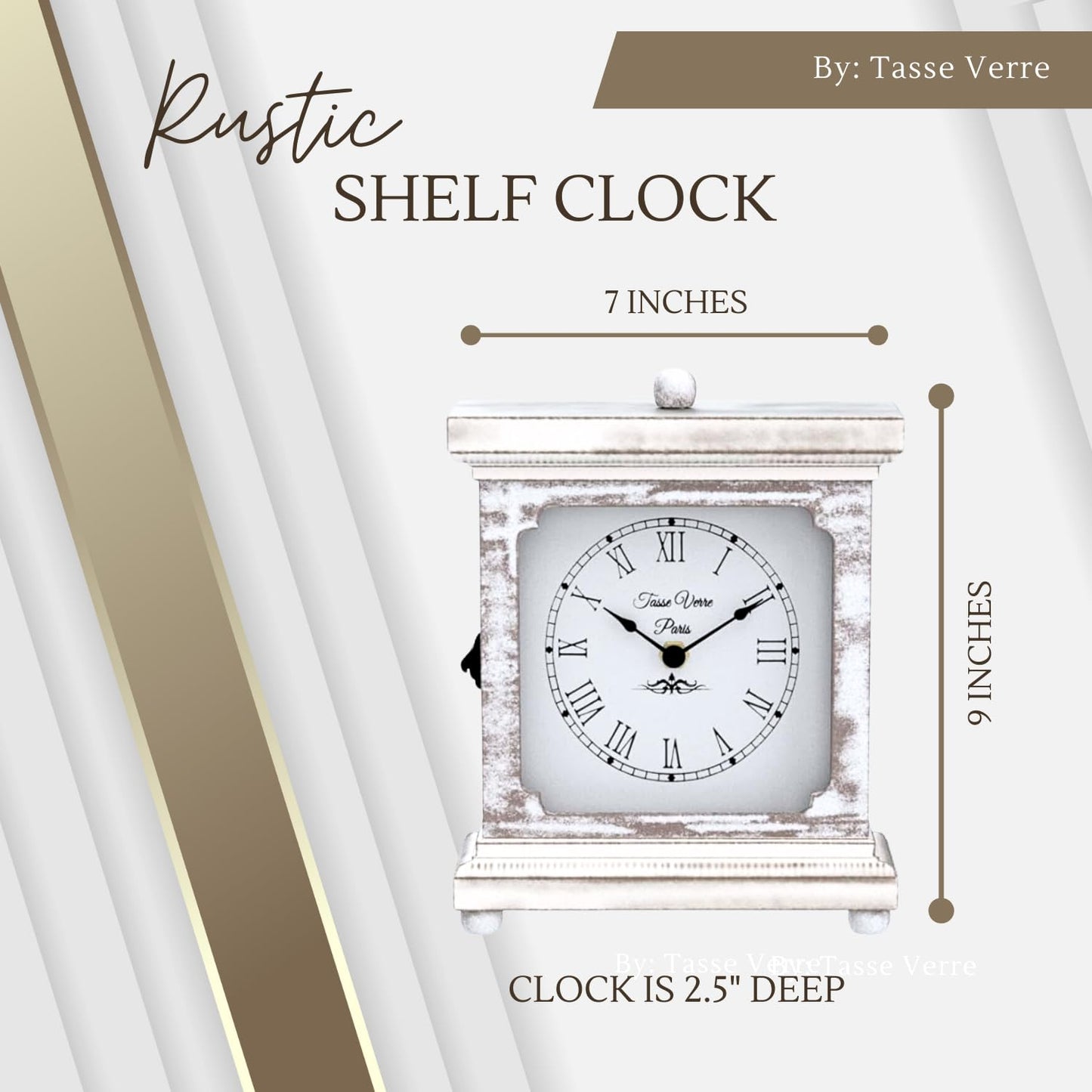 Tasse Verre Rustic Shelf Clock (Quiet) for Living Room Mantel, Table, Or Desk 9" X 7" Farmhouse Decor Distressed White Washed Wood Silent - Office Fireplace. AA Battery Operated Non-Digital, Tan