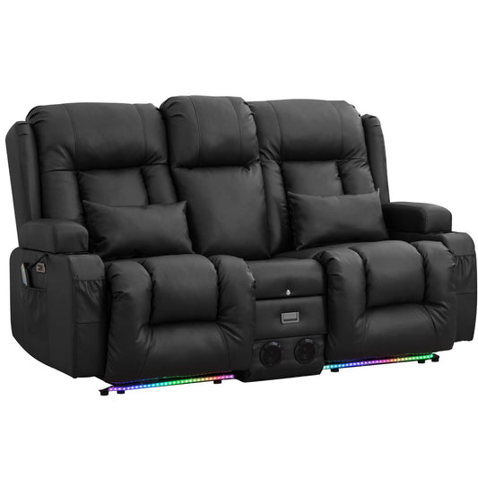 URRED Power Loveseat Recliner Sofa, Faux Leather Home Theater Seating with LED Ambient Light, Double Recliner RV Sofa with Flipped Middle Backrest/Bluetooth Speakers/USB/Built-in Outlets, Black