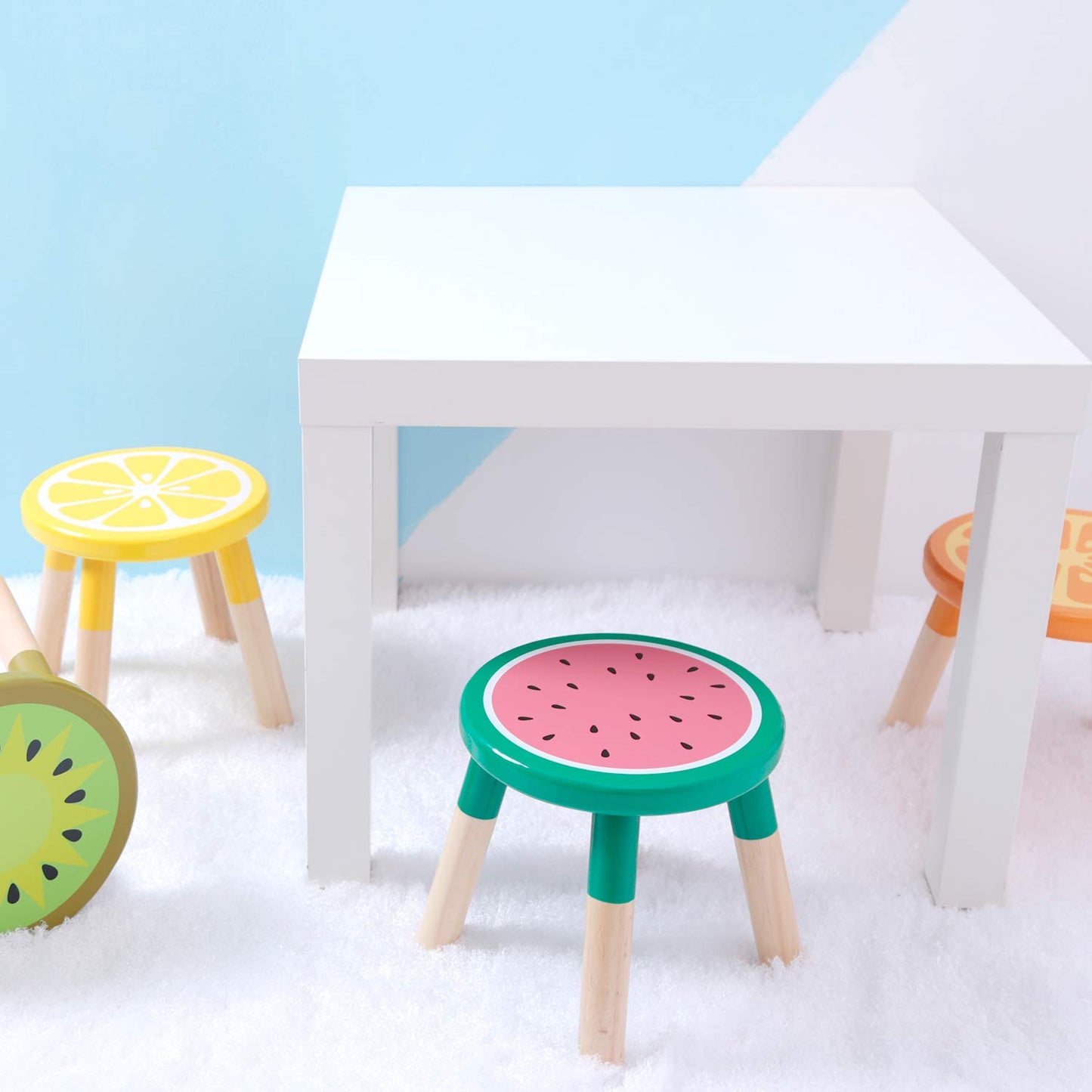 RUYU 9 Inch Kids Solid Hard Wood Fruit Stool for Sitting, Crafted Hand-Painted Wood with Assembled Four-Legged Stool, Bedroom, Playroom, Lemon Furniture Stool for Children,Toddler Boys, Girls(Kiwi)