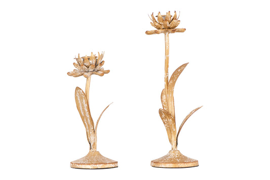 Creative Co-Op Cut Metal Flower Shaped Taper Candle Holder in Distressed Gold Finish (Set of 2 Sizes)