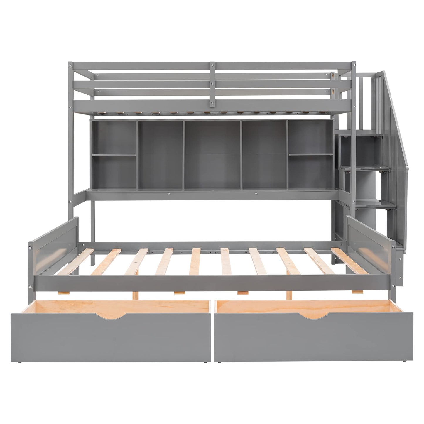 BIADNBZ Multifunctional Solid Wood Bunk Beds Twin XL Over Full Size with Stairs, Built-in Storage Shelves and Desk, Movable Down Bedframe with 2 Drawers, for Kids Teens Adults Bedroom, Gray